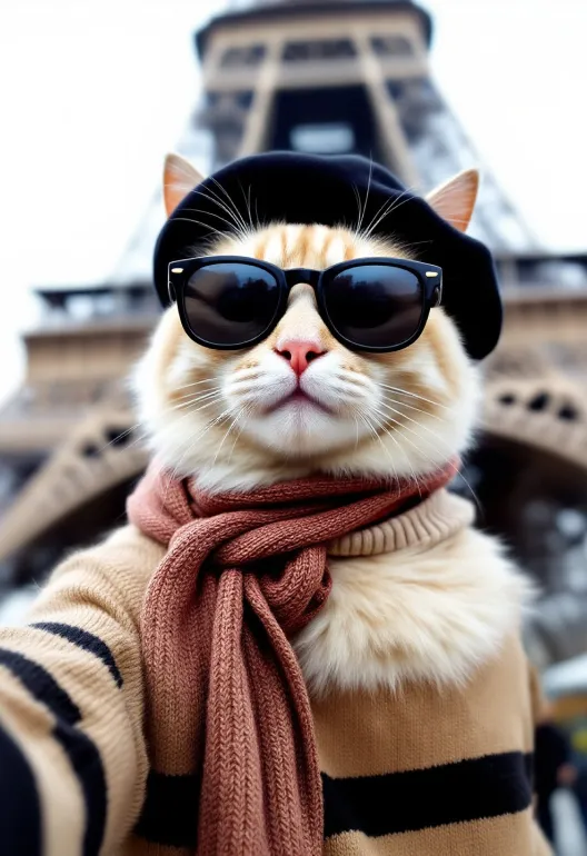 A ginger cat takes a selfie in front of the Eiffel Tower. It wears a black beret, dark sunglasses, a rust-colored scarf, and a tan and black striped sweater. The cat is looking directly at the camera.