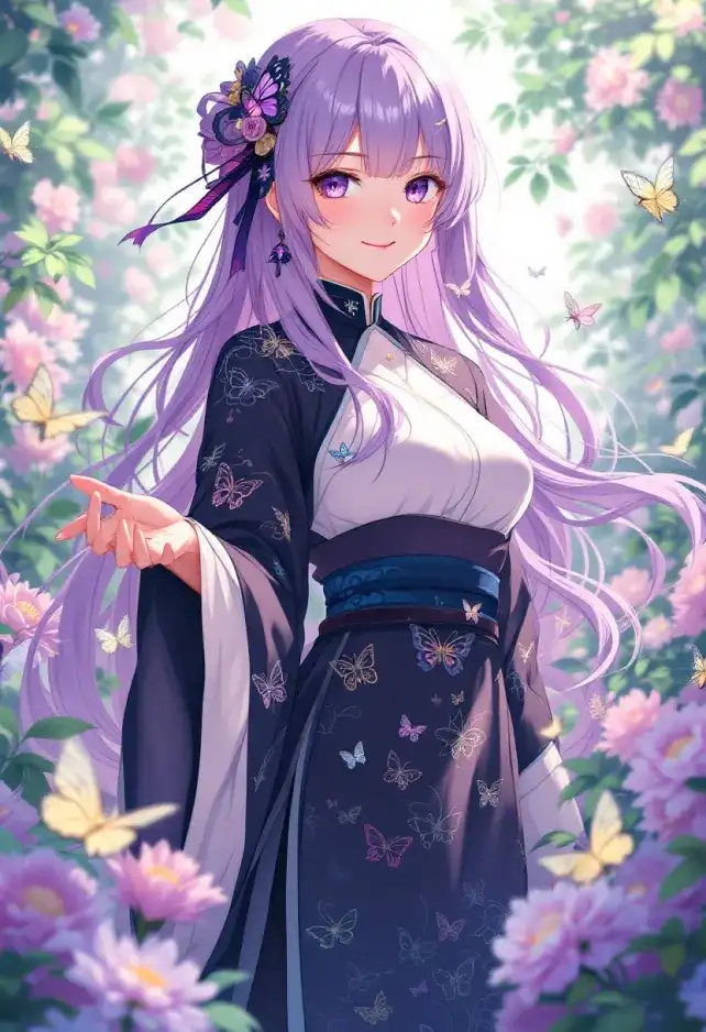 Generate an image of Shinobu Kocho from "Demon Slayer," capturing her ethereal beauty and unique traits. Emphasize her long, flowing lavender hair with butterfly-themed accents, and her striking violet eyes. She wears a traditional Demon Slayer uniform, featuring a dark haori adorned with intricate butterfly patterns and a white, high-collared shirt underneath. Her expression should reflect a serene yet slightly mischievous demeanor, with a gentle smile playing on her lips, showcasing her calm nature. Pose her gracefully, perhaps with one hand extended as if summoning a butterfly, embodying her connection to insects. Set the background in a lush, vibrant garden filled with blooming flowers and fluttering butterflies, enhancing her insect-themed aesthetic. Use a soft, pastel anime art style with clean lines and vibrant colors, capturing the whimsical essence of her character, while incorporating her signature Nichirin blade, subtly glinting in the light.