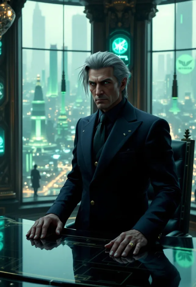 A hyper-detailed, cinematic portrait of Mayor Domino from Final Fantasy VII, set in the dystopian cyberpunk metropolis of Midgar. The mayor stands in his opulent office atop Shinra Tower, wearing a crisp navy suit with gold accents. His stern expression and graying hair convey authority, while his eyes hint at hidden knowledge. Behind him, floor-to-ceiling windows reveal the sprawling city below, dominated by the massive Mako reactors glowing with eerie green energy. The room is filled with sleek, futuristic technology and ornate decorations, symbolizing the contrast between wealth and poverty in Midgar. Holographic displays show city plans and Shinra logos. Soft, neon lighting casts dramatic shadows, creating a moody atmosphere. In the reflection of a polished desk, glimpse the silhouettes of Cloud and his allies, suggesting impending conflict. Incorporate elements of steampunk and high-tech aesthetics, with a color palette dominated by deep blues, metallic grays, and neon greens. Render in a style reminiscent of Yoshitaka Amano's iconic Final Fantasy artwork, blending realism with ethereal, dreamlike qualities.