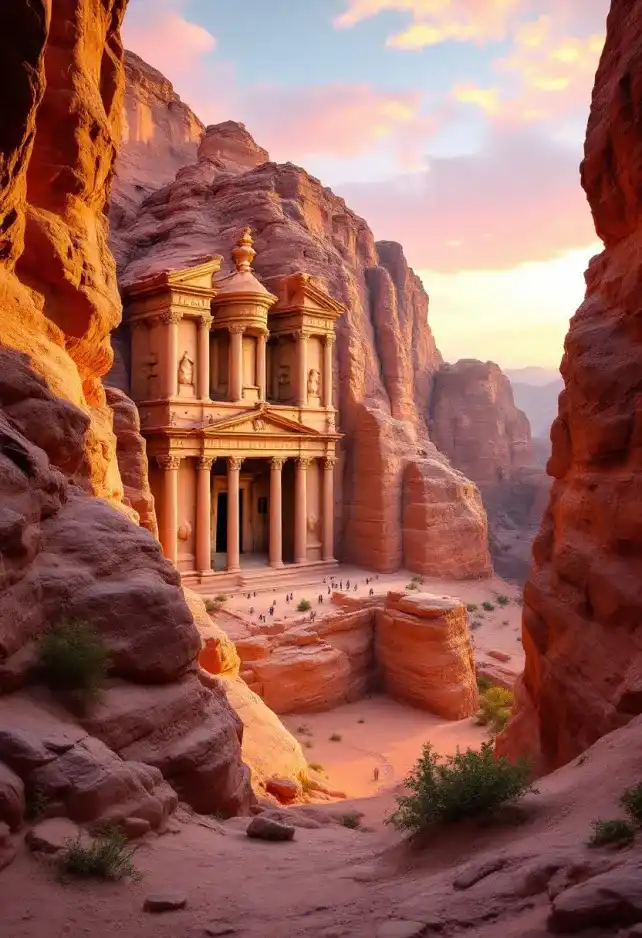 Create an image of Petra, the ancient Nabatean city carved into rose-red cliffs, showcasing the iconic Al-Khazneh (The Treasury) at sunset. The intricate Hellenistic façade, adorned with columns and statues, glows warmly in the golden light, highlighting the textures of the sandstone. Surrounding the structure, the rugged, towering cliffs exhibit rich hues of red and orange, contrasting with the deep shadows that accentuate the crevices. 