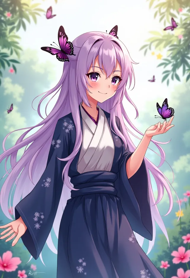 Generate an image of Shinobu Kocho from "Demon Slayer," capturing her ethereal beauty and unique traits. Emphasize her long, flowing lavender hair with butterfly-themed accents, and her striking violet eyes. She wears a traditional Demon Slayer uniform, featuring a dark haori adorned with intricate butterfly patterns and a white, high-collared shirt underneath. Her expression should reflect a serene yet slightly mischievous demeanor, with a gentle smile playing on her lips, showcasing her calm nature. Pose her gracefully, perhaps with one hand extended as if summoning a butterfly, embodying her connection to insects. Set the background in a lush, vibrant garden filled with blooming flowers and fluttering butterflies, enhancing her insect-themed aesthetic. Use a soft, pastel anime art style with clean lines and vibrant colors, capturing the whimsical essence of her character, while incorporating her signature Nichirin blade, subtly glinting in the light.