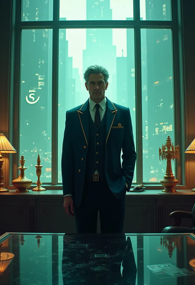 A hyper-detailed, cinematic portrait of Mayor Domino from Final Fantasy VII, set in the dystopian cyberpunk metropolis of Midgar. The mayor stands in his opulent office atop Shinra Tower, wearing a crisp navy suit with gold accents. His stern expression and graying hair convey authority, while his eyes hint at hidden knowledge. Behind him, floor-to-ceiling windows reveal the sprawling city below, dominated by the massive Mako reactors glowing with eerie green energy. The room is filled with sleek, futuristic technology and ornate decorations, symbolizing the contrast between wealth and poverty in Midgar. Holographic displays show city plans and Shinra logos. Soft, neon lighting casts dramatic shadows, creating a moody atmosphere. In the reflection of a polished desk, glimpse the silhouettes of Cloud and his allies, suggesting impending conflict. Incorporate elements of steampunk and high-tech aesthetics, with a color palette dominated by deep blues, metallic grays, and neon greens. Render in a style reminiscent of Yoshitaka Amano's iconic Final Fantasy artwork, blending realism with ethereal, dreamlike qualities.