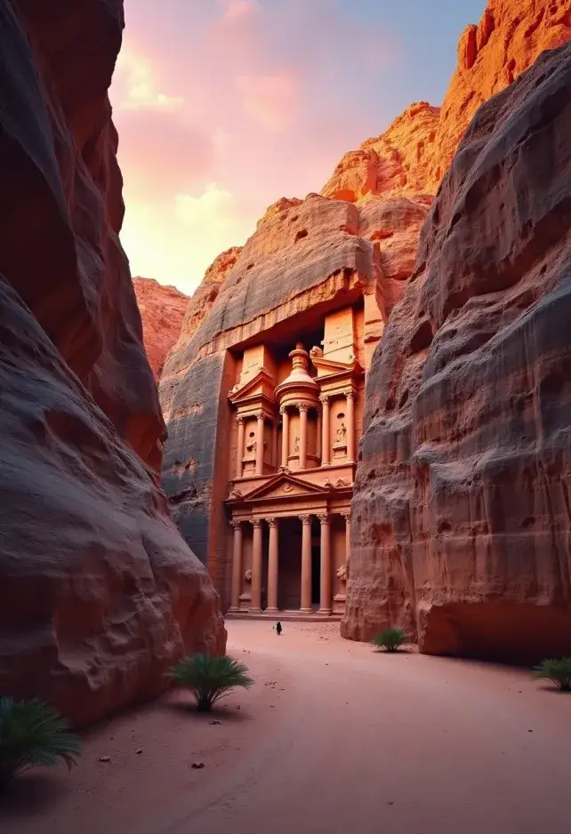 Create an image of Petra, the ancient Nabatean city carved into rose-red cliffs, showcasing the iconic Al-Khazneh (The Treasury) at sunset. The intricate Hellenistic façade, adorned with columns and statues, glows warmly in the golden light, highlighting the textures of the sandstone. Surrounding the structure, the rugged, towering cliffs exhibit rich hues of red and orange, contrasting with the deep shadows that accentuate the crevices. 