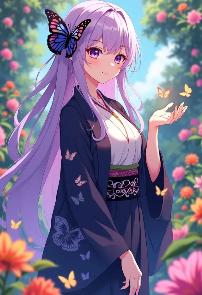 Generate an image of Shinobu Kocho from "Demon Slayer," capturing her ethereal beauty and unique traits. Emphasize her long, flowing lavender hair with butterfly-themed accents, and her striking violet eyes. She wears a traditional Demon Slayer uniform, featuring a dark haori adorned with intricate butterfly patterns and a white, high-collared shirt underneath. Her expression should reflect a serene yet slightly mischievous demeanor, with a gentle smile playing on her lips, showcasing her calm nature. Pose her gracefully, perhaps with one hand extended as if summoning a butterfly, embodying her connection to insects. Set the background in a lush, vibrant garden filled with blooming flowers and fluttering butterflies, enhancing her insect-themed aesthetic. Use a soft, pastel anime art style with clean lines and vibrant colors, capturing the whimsical essence of her character, while incorporating her signature Nichirin blade, subtly glinting in the light.