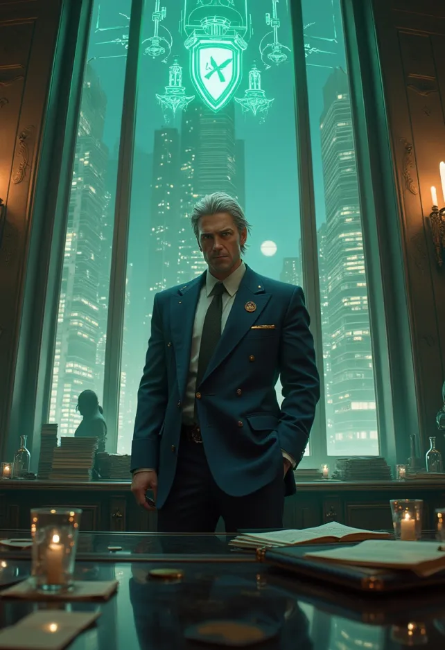 A hyper-detailed, cinematic portrait of Mayor Domino from Final Fantasy VII, set in the dystopian cyberpunk metropolis of Midgar. The mayor stands in his opulent office atop Shinra Tower, wearing a crisp navy suit with gold accents. His stern expression and graying hair convey authority, while his eyes hint at hidden knowledge. Behind him, floor-to-ceiling windows reveal the sprawling city below, dominated by the massive Mako reactors glowing with eerie green energy. The room is filled with sleek, futuristic technology and ornate decorations, symbolizing the contrast between wealth and poverty in Midgar. Holographic displays show city plans and Shinra logos. Soft, neon lighting casts dramatic shadows, creating a moody atmosphere. In the reflection of a polished desk, glimpse the silhouettes of Cloud and his allies, suggesting impending conflict. Incorporate elements of steampunk and high-tech aesthetics, with a color palette dominated by deep blues, metallic grays, and neon greens. Render in a style reminiscent of Yoshitaka Amano's iconic Final Fantasy artwork, blending realism with ethereal, dreamlike qualities.