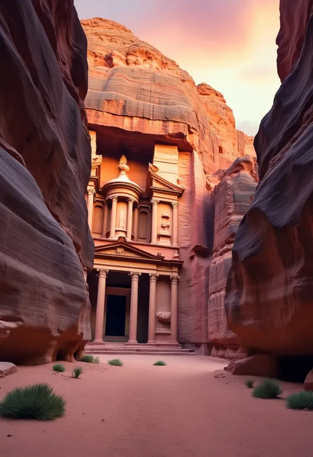 Create an image of Petra, the ancient Nabatean city carved into rose-red cliffs, showcasing the iconic Al-Khazneh (The Treasury) at sunset. The intricate Hellenistic façade, adorned with columns and statues, glows warmly in the golden light, highlighting the textures of the sandstone. Surrounding the structure, the rugged, towering cliffs exhibit rich hues of red and orange, contrasting with the deep shadows that accentuate the crevices. 