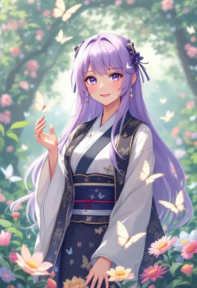 Generate an image of Shinobu Kocho from "Demon Slayer," capturing her ethereal beauty and unique traits. Emphasize her long, flowing lavender hair with butterfly-themed accents, and her striking violet eyes. She wears a traditional Demon Slayer uniform, featuring a dark haori adorned with intricate butterfly patterns and a white, high-collared shirt underneath. Her expression should reflect a serene yet slightly mischievous demeanor, with a gentle smile playing on her lips, showcasing her calm nature. Pose her gracefully, perhaps with one hand extended as if summoning a butterfly, embodying her connection to insects. Set the background in a lush, vibrant garden filled with blooming flowers and fluttering butterflies, enhancing her insect-themed aesthetic. Use a soft, pastel anime art style with clean lines and vibrant colors, capturing the whimsical essence of her character, while incorporating her signature Nichirin blade, subtly glinting in the light.