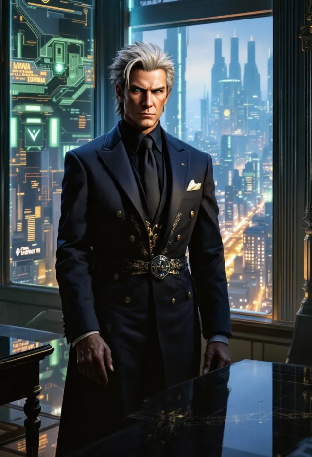 A hyper-detailed, cinematic portrait of Mayor Domino from Final Fantasy VII, set in the dystopian cyberpunk metropolis of Midgar. The mayor stands in his opulent office atop Shinra Tower, wearing a crisp navy suit with gold accents. His stern expression and graying hair convey authority, while his eyes hint at hidden knowledge. Behind him, floor-to-ceiling windows reveal the sprawling city below, dominated by the massive Mako reactors glowing with eerie green energy. The room is filled with sleek, futuristic technology and ornate decorations, symbolizing the contrast between wealth and poverty in Midgar. Holographic displays show city plans and Shinra logos. Soft, neon lighting casts dramatic shadows, creating a moody atmosphere. In the reflection of a polished desk, glimpse the silhouettes of Cloud and his allies, suggesting impending conflict. Incorporate elements of steampunk and high-tech aesthetics, with a color palette dominated by deep blues, metallic grays, and neon greens. Render in a style reminiscent of Yoshitaka Amano's iconic Final Fantasy artwork, blending realism with ethereal, dreamlike qualities.