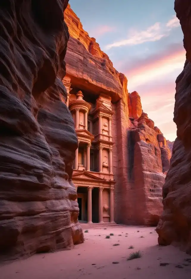 Create an image of Petra, the ancient Nabatean city carved into rose-red cliffs, showcasing the iconic Al-Khazneh (The Treasury) at sunset. The intricate Hellenistic façade, adorned with columns and statues, glows warmly in the golden light, highlighting the textures of the sandstone. Surrounding the structure, the rugged, towering cliffs exhibit rich hues of red and orange, contrasting with the deep shadows that accentuate the crevices. 