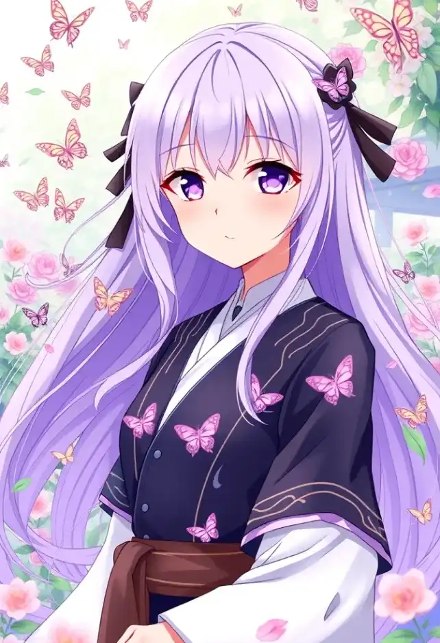 Generate an image of Shinobu Kocho from "Demon Slayer," capturing her ethereal beauty and unique traits. Emphasize her long, flowing lavender hair with butterfly-themed accents, and her striking violet eyes. She wears a traditional Demon Slayer uniform, featuring a dark haori adorned with intricate butterfly patterns and a white, high-collared shirt underneath. Her expression should reflect a serene yet slightly mischievous demeanor, with a gentle smile playing on her lips, showcasing her calm nature. Pose her gracefully, perhaps with one hand extended as if summoning a butterfly, embodying her connection to insects. Set the background in a lush, vibrant garden filled with blooming flowers and fluttering butterflies, enhancing her insect-themed aesthetic. Use a soft, pastel anime art style with clean lines and vibrant colors, capturing the whimsical essence of her character, while incorporating her signature Nichirin blade, subtly glinting in the light.