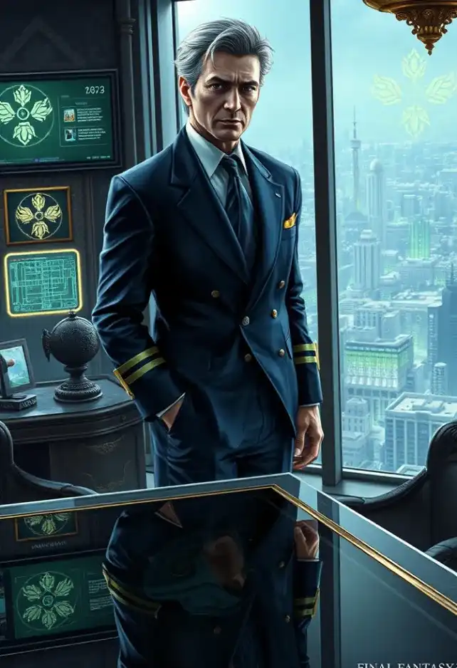 A hyper-detailed, cinematic portrait of Mayor Domino from Final Fantasy VII, set in the dystopian cyberpunk metropolis of Midgar. The mayor stands in his opulent office atop Shinra Tower, wearing a crisp navy suit with gold accents. His stern expression and graying hair convey authority, while his eyes hint at hidden knowledge. Behind him, floor-to-ceiling windows reveal the sprawling city below, dominated by the massive Mako reactors glowing with eerie green energy. The room is filled with sleek, futuristic technology and ornate decorations, symbolizing the contrast between wealth and poverty in Midgar. Holographic displays show city plans and Shinra logos. Soft, neon lighting casts dramatic shadows, creating a moody atmosphere. In the reflection of a polished desk, glimpse the silhouettes of Cloud and his allies, suggesting impending conflict. Incorporate elements of steampunk and high-tech aesthetics, with a color palette dominated by deep blues, metallic grays, and neon greens. Render in a style reminiscent of Yoshitaka Amano's iconic Final Fantasy artwork, blending realism with ethereal, dreamlike qualities.