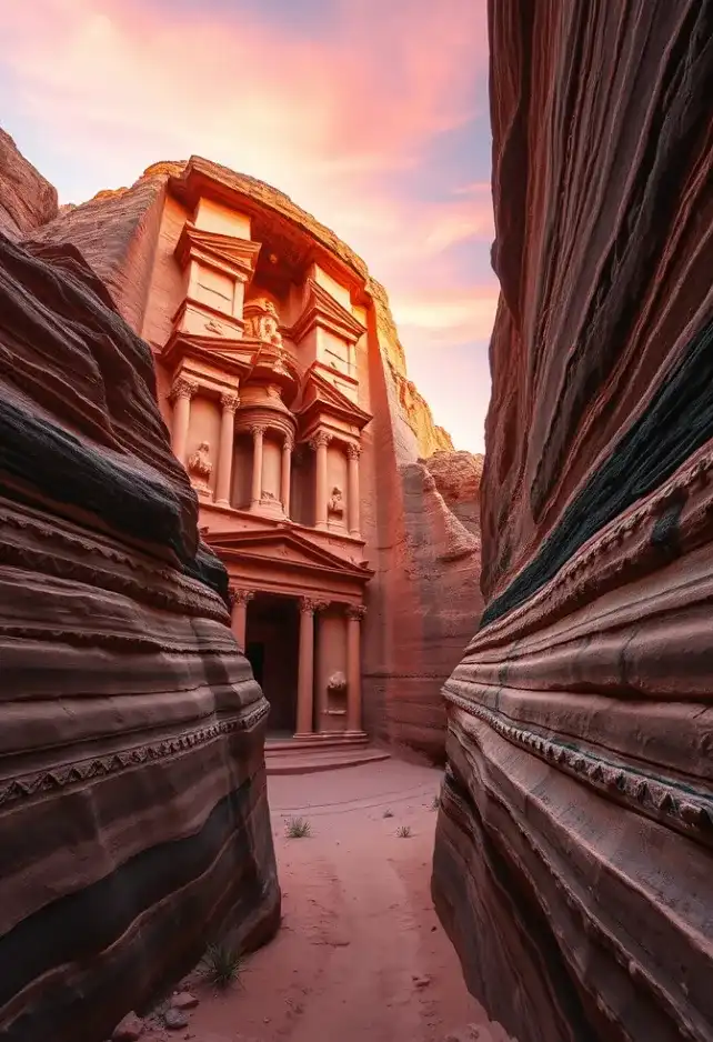 Create an image of Petra, the ancient Nabatean city carved into rose-red cliffs, showcasing the iconic Al-Khazneh (The Treasury) at sunset. The intricate Hellenistic façade, adorned with columns and statues, glows warmly in the golden light, highlighting the textures of the sandstone. Surrounding the structure, the rugged, towering cliffs exhibit rich hues of red and orange, contrasting with the deep shadows that accentuate the crevices. 