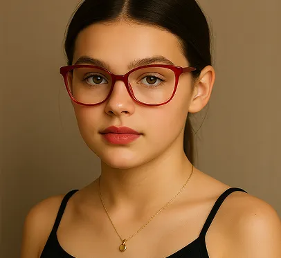 Añade gafas rojas y un collar manteniendo la apariencia original de la persona
