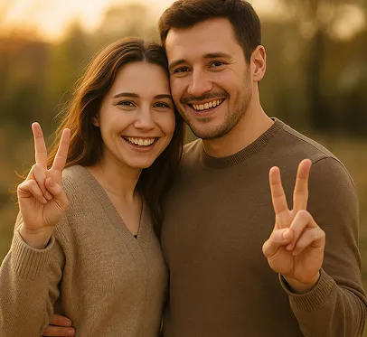Muestra una expresión feliz con el signo de la paz