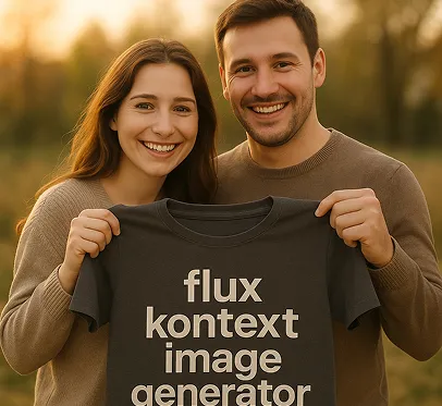 Muéstralos sosteniendo ropa alegremente con el texto 'generador de imágenes flux kontext'