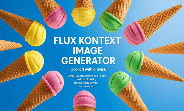 Cambia el texto de 'SUMMER SCOOPS' a 'generador de imágenes flux kontext'