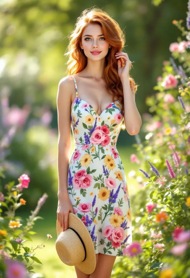 A tall, slender woman with a graceful figure stands in soft sunlight. Her auburn hair cascades in loose, bouncy curls to her shoulders, framing an oval face with high cheekbones and a delicate nose. Her almond-shaped green eyes sparkle with warmth, complemented by a gentle smile on her rosy lips. Her fair skin has a light dusting of freckles across the bridge of her nose. She wears a knee-length sundress with a sweetheart neckline and thin straps. The dress features a vibrant floral pattern of pink roses, yellow daisies, and purple lavender on a white background. The bodice is fitted, accentuating her slim waist, while the skirt flares out slightly. She's barefoot, with slender ankles and delicate feet.Her posture is relaxed yet elegant, with one hand lightly touching her hair and the other holding a straw sun hat. She stands in a lush garden, surrounded by blooming flowers that echo the pattern on her dress. Soft, dappled sunlight filters through nearby trees, casting a warm glow on her skin and dress.