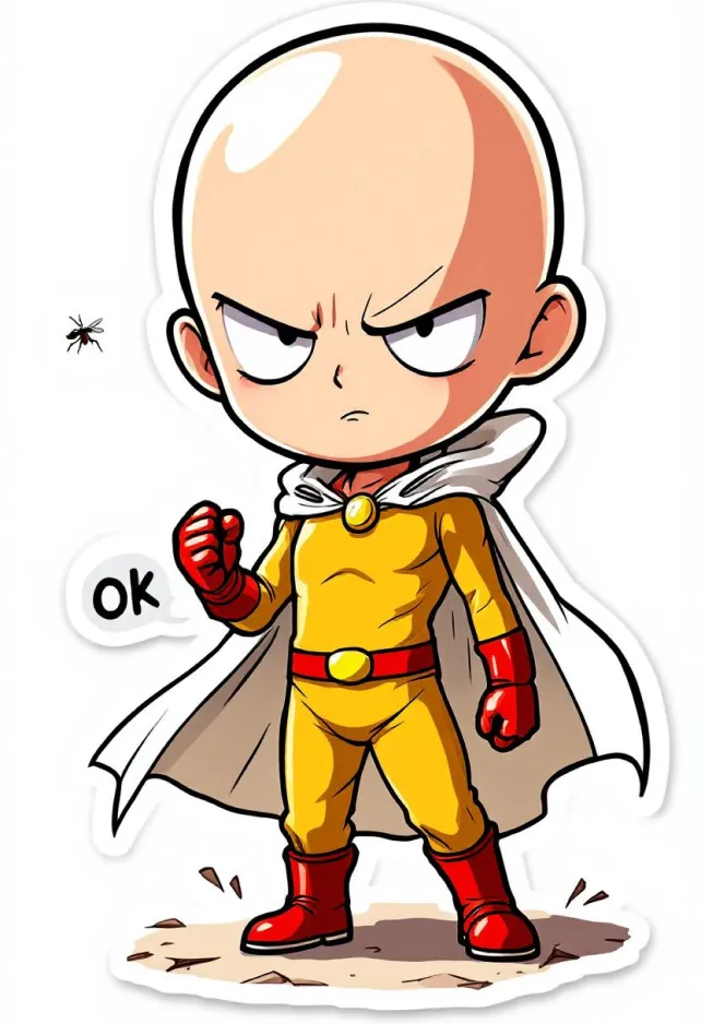 Anime sticker style, Saitama from One Punch Man, chibi proportions with oversized head and small body. Shiny bald head reflecting light, large expressive eyes, simple facial features. Wearing iconic yellow jumpsuit with red gloves and boots, white cape billowing behind. Neutral expression with slight hint of boredom. Standing in heroic pose with one fist raised. Vibrant color palette with bold outlines and flat shading. Minimalist background with speed lines and impact stars. Cute and compact design with rounded edges and soft shadows. Signature "OK" hand gesture visible. Small cracks in ground beneath feet to show strength. Floating text bubble with "OK" written inside. Tiny oppai (mosquito) buzzing nearby for humorous touch. Slight glossy effect on sticker surface. White border around entire image to emphasize sticker appearance. Kawaii style with exaggerated features and simplified details.