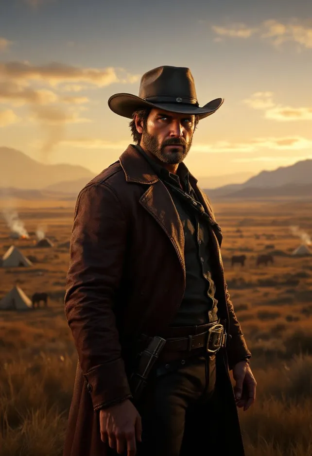 A cinematic scene from the action-adventure western game Red Dead Redemption 2, featuring the rugged outlaw Arthur Morgan in the foreground. He stands tall, wearing a weathered cowboy hat, leather duster coat, and gun belt. His face is stubbled, with piercing blue eyes and a determined expression. Arthur holds his signature Cattleman Revolver, ready for action. The background showcases a breathtaking Wild West landscape at golden hour, with rolling plains, distant mountains, and a setting sun casting long shadows. A camp with tents and a campfire can be seen nearby, smoke rising lazily. In the middle distance, Arthur's loyal horse is grazing. The scene is rich in detail, with realistic textures on clothing and environment. The color palette is warm and earthy, dominated by browns, oranges, and deep reds. The atmosphere is tense yet beautiful, capturing the game's blend of danger and freedom in the American frontier. Photorealistic style with a touch of painterly quality, emphasizing the game's stunning visuals and immersive world.