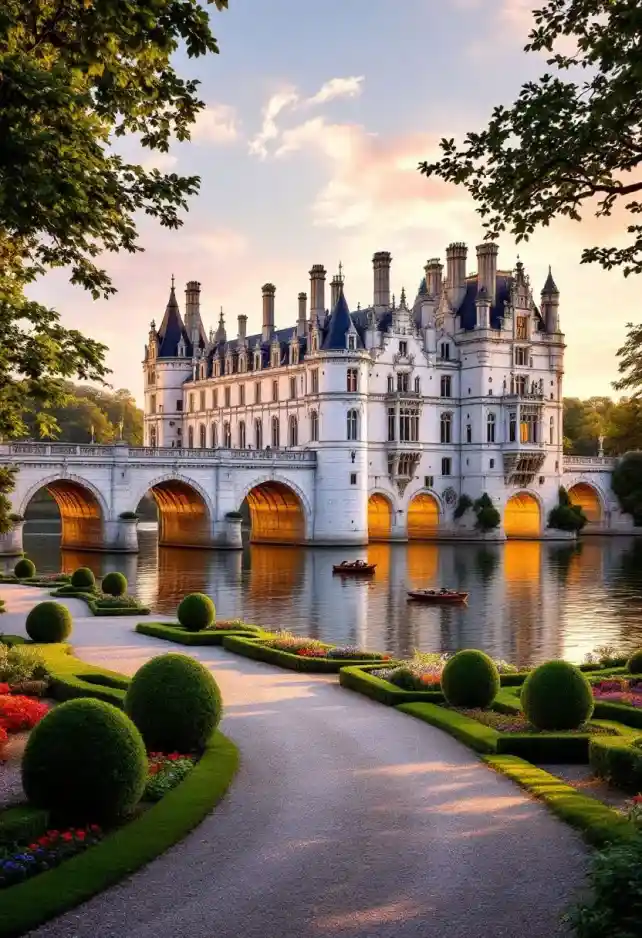 Majestic Château de Chenonceau spanning the Cher River, French Renaissance architecture gleaming in golden sunset light. Elegant white limestone façade with intricate carvings and tall chimneys reflected in calm waters below. Arched bridge supports adorned with graceful galleries, creating a seamless blend of structure and nature. Lush formal gardens flank both riverbanks, vibrant with colorful flowerbeds and meticulously trimmed hedges. Ancient oak and cypress trees frame the château, their leaves rustling in a gentle breeze. Soft, wispy clouds paint the sky in hues of pink and lavender. A small wooden boat drifts near the château's base, emphasizing its grand scale. Ornate windows and balconies cast long shadows across the water's surface. In the foreground, a gravel path lined with perfectly manicured topiaries leads the eye to the magnificent edifice. Capture the scene with a wide-angle lens, emphasizing the château's harmonious integration with its idyllic surroundings, conveying a sense of timeless beauty and French aristocratic splendor.