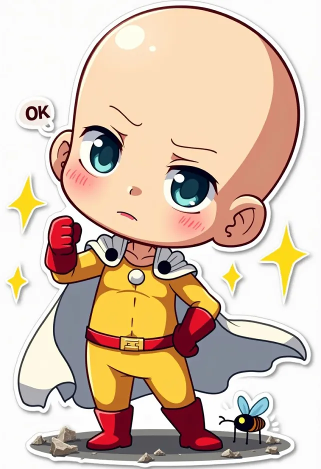 Anime sticker style, Saitama from One Punch Man, chibi proportions with oversized head and small body. Shiny bald head reflecting light, large expressive eyes, simple facial features. Wearing iconic yellow jumpsuit with red gloves and boots, white cape billowing behind. Neutral expression with slight hint of boredom. Standing in heroic pose with one fist raised. Vibrant color palette with bold outlines and flat shading. Minimalist background with speed lines and impact stars. Cute and compact design with rounded edges and soft shadows. Signature "OK" hand gesture visible. Small cracks in ground beneath feet to show strength. Floating text bubble with "OK" written inside. Tiny oppai (mosquito) buzzing nearby for humorous touch. Slight glossy effect on sticker surface. White border around entire image to emphasize sticker appearance. Kawaii style with exaggerated features and simplified details.