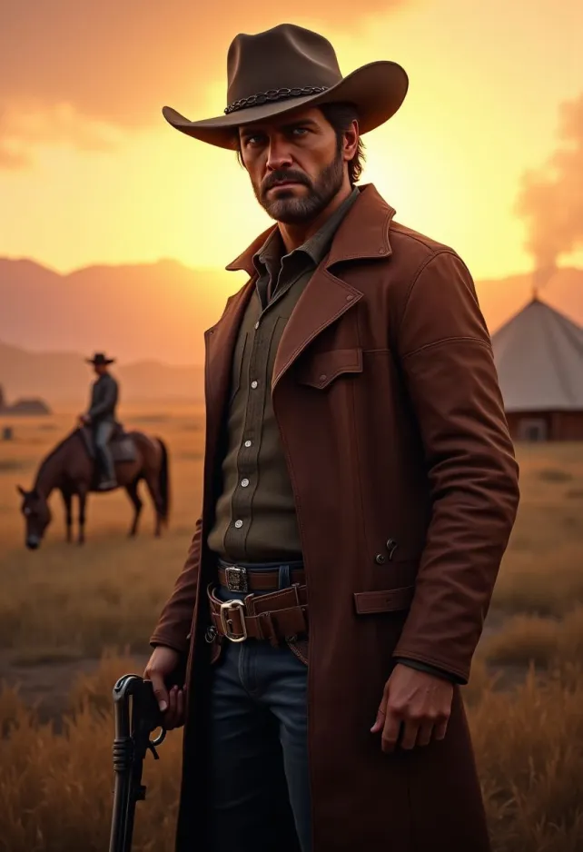 A cinematic scene from the action-adventure western game Red Dead Redemption 2, featuring the rugged outlaw Arthur Morgan in the foreground. He stands tall, wearing a weathered cowboy hat, leather duster coat, and gun belt. His face is stubbled, with piercing blue eyes and a determined expression. Arthur holds his signature Cattleman Revolver, ready for action. The background showcases a breathtaking Wild West landscape at golden hour, with rolling plains, distant mountains, and a setting sun casting long shadows. A camp with tents and a campfire can be seen nearby, smoke rising lazily. In the middle distance, Arthur's loyal horse is grazing. The scene is rich in detail, with realistic textures on clothing and environment. The color palette is warm and earthy, dominated by browns, oranges, and deep reds. The atmosphere is tense yet beautiful, capturing the game's blend of danger and freedom in the American frontier. Photorealistic style with a touch of painterly quality, emphasizing the game's stunning visuals and immersive world.