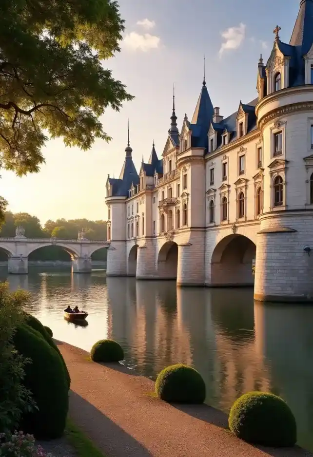 Majestic Château de Chenonceau spanning the Cher River, French Renaissance architecture gleaming in golden sunset light. Elegant white limestone façade with intricate carvings and tall chimneys reflected in calm waters below. Arched bridge supports adorned with graceful galleries, creating a seamless blend of structure and nature. Lush formal gardens flank both riverbanks, vibrant with colorful flowerbeds and meticulously trimmed hedges. Ancient oak and cypress trees frame the château, their leaves rustling in a gentle breeze. Soft, wispy clouds paint the sky in hues of pink and lavender. A small wooden boat drifts near the château's base, emphasizing its grand scale. Ornate windows and balconies cast long shadows across the water's surface. In the foreground, a gravel path lined with perfectly manicured topiaries leads the eye to the magnificent edifice. Capture the scene with a wide-angle lens, emphasizing the château's harmonious integration with its idyllic surroundings, conveying a sense of timeless beauty and French aristocratic splendor.