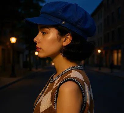 Change the hat of the person in the picture to a blue peaked cap, and change the background to a street at dusk during the day