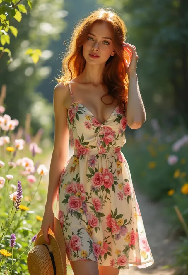 A tall, slender woman with a graceful figure stands in soft sunlight. Her auburn hair cascades in loose, bouncy curls to her shoulders, framing an oval face with high cheekbones and a delicate nose. Her almond-shaped green eyes sparkle with warmth, complemented by a gentle smile on her rosy lips. Her fair skin has a light dusting of freckles across the bridge of her nose. She wears a knee-length sundress with a sweetheart neckline and thin straps. The dress features a vibrant floral pattern of pink roses, yellow daisies, and purple lavender on a white background. The bodice is fitted, accentuating her slim waist, while the skirt flares out slightly. She's barefoot, with slender ankles and delicate feet.Her posture is relaxed yet elegant, with one hand lightly touching her hair and the other holding a straw sun hat. She stands in a lush garden, surrounded by blooming flowers that echo the pattern on her dress. Soft, dappled sunlight filters through nearby trees, casting a warm glow on her skin and dress.