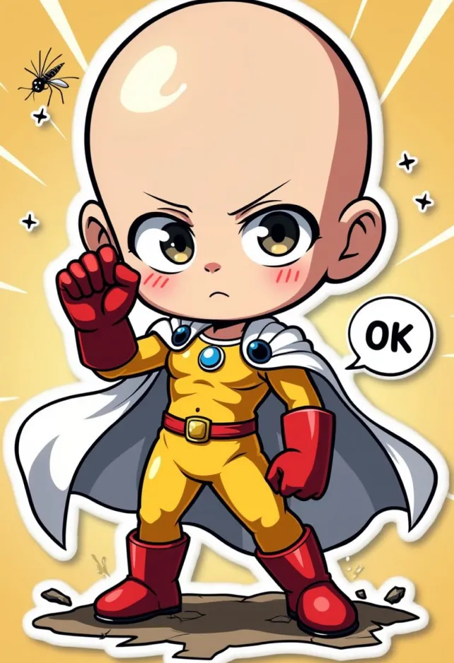 Anime sticker style, Saitama from One Punch Man, chibi proportions with oversized head and small body. Shiny bald head reflecting light, large expressive eyes, simple facial features. Wearing iconic yellow jumpsuit with red gloves and boots, white cape billowing behind. Neutral expression with slight hint of boredom. Standing in heroic pose with one fist raised. Vibrant color palette with bold outlines and flat shading. Minimalist background with speed lines and impact stars. Cute and compact design with rounded edges and soft shadows. Signature "OK" hand gesture visible. Small cracks in ground beneath feet to show strength. Floating text bubble with "OK" written inside. Tiny oppai (mosquito) buzzing nearby for humorous touch. Slight glossy effect on sticker surface. White border around entire image to emphasize sticker appearance. Kawaii style with exaggerated features and simplified details.