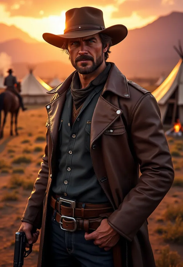 A cinematic scene from the action-adventure western game Red Dead Redemption 2, featuring the rugged outlaw Arthur Morgan in the foreground. He stands tall, wearing a weathered cowboy hat, leather duster coat, and gun belt. His face is stubbled, with piercing blue eyes and a determined expression. Arthur holds his signature Cattleman Revolver, ready for action. The background showcases a breathtaking Wild West landscape at golden hour, with rolling plains, distant mountains, and a setting sun casting long shadows. A camp with tents and a campfire can be seen nearby, smoke rising lazily. In the middle distance, Arthur's loyal horse is grazing. The scene is rich in detail, with realistic textures on clothing and environment. The color palette is warm and earthy, dominated by browns, oranges, and deep reds. The atmosphere is tense yet beautiful, capturing the game's blend of danger and freedom in the American frontier. Photorealistic style with a touch of painterly quality, emphasizing the game's stunning visuals and immersive world.