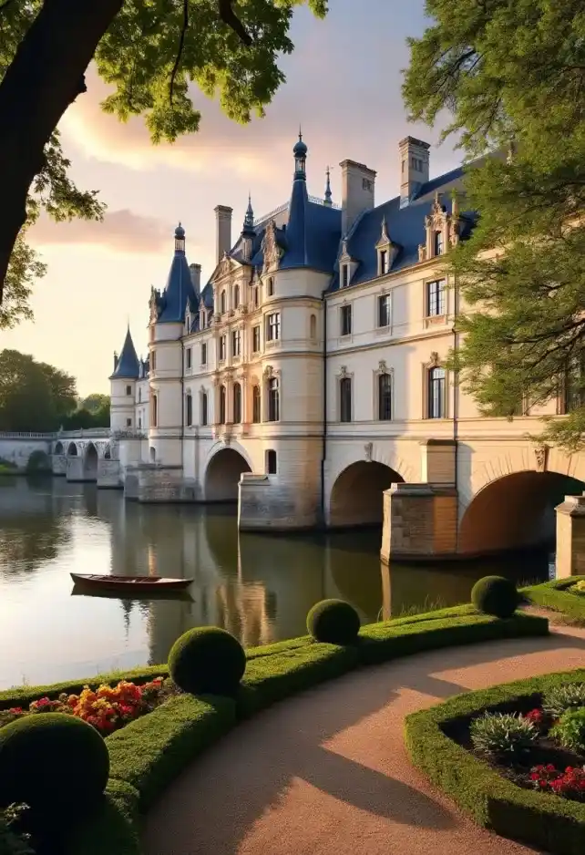 Majestic Château de Chenonceau spanning the Cher River, French Renaissance architecture gleaming in golden sunset light. Elegant white limestone façade with intricate carvings and tall chimneys reflected in calm waters below. Arched bridge supports adorned with graceful galleries, creating a seamless blend of structure and nature. Lush formal gardens flank both riverbanks, vibrant with colorful flowerbeds and meticulously trimmed hedges. Ancient oak and cypress trees frame the château, their leaves rustling in a gentle breeze. Soft, wispy clouds paint the sky in hues of pink and lavender. A small wooden boat drifts near the château's base, emphasizing its grand scale. Ornate windows and balconies cast long shadows across the water's surface. In the foreground, a gravel path lined with perfectly manicured topiaries leads the eye to the magnificent edifice. Capture the scene with a wide-angle lens, emphasizing the château's harmonious integration with its idyllic surroundings, conveying a sense of timeless beauty and French aristocratic splendor.