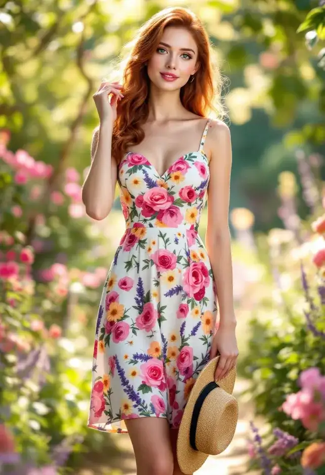 A tall, slender woman with a graceful figure stands in soft sunlight. Her auburn hair cascades in loose, bouncy curls to her shoulders, framing an oval face with high cheekbones and a delicate nose. Her almond-shaped green eyes sparkle with warmth, complemented by a gentle smile on her rosy lips. Her fair skin has a light dusting of freckles across the bridge of her nose. She wears a knee-length sundress with a sweetheart neckline and thin straps. The dress features a vibrant floral pattern of pink roses, yellow daisies, and purple lavender on a white background. The bodice is fitted, accentuating her slim waist, while the skirt flares out slightly. She's barefoot, with slender ankles and delicate feet.Her posture is relaxed yet elegant, with one hand lightly touching her hair and the other holding a straw sun hat. She stands in a lush garden, surrounded by blooming flowers that echo the pattern on her dress. Soft, dappled sunlight filters through nearby trees, casting a warm glow on her skin and dress.