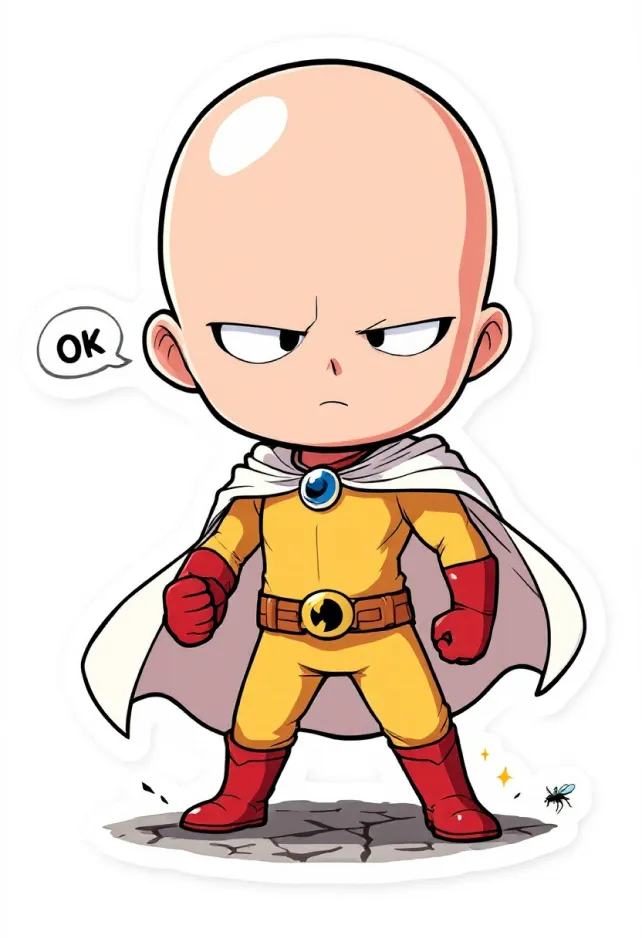 Anime sticker style, Saitama from One Punch Man, chibi proportions with oversized head and small body. Shiny bald head reflecting light, large expressive eyes, simple facial features. Wearing iconic yellow jumpsuit with red gloves and boots, white cape billowing behind. Neutral expression with slight hint of boredom. Standing in heroic pose with one fist raised. Vibrant color palette with bold outlines and flat shading. Minimalist background with speed lines and impact stars. Cute and compact design with rounded edges and soft shadows. Signature "OK" hand gesture visible. Small cracks in ground beneath feet to show strength. Floating text bubble with "OK" written inside. Tiny oppai (mosquito) buzzing nearby for humorous touch. Slight glossy effect on sticker surface. White border around entire image to emphasize sticker appearance. Kawaii style with exaggerated features and simplified details.