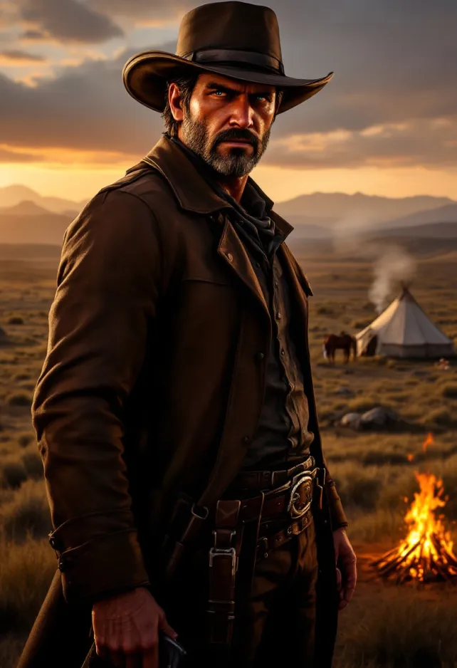 A cinematic scene from the action-adventure western game Red Dead Redemption 2, featuring the rugged outlaw Arthur Morgan in the foreground. He stands tall, wearing a weathered cowboy hat, leather duster coat, and gun belt. His face is stubbled, with piercing blue eyes and a determined expression. Arthur holds his signature Cattleman Revolver, ready for action. The background showcases a breathtaking Wild West landscape at golden hour, with rolling plains, distant mountains, and a setting sun casting long shadows. A camp with tents and a campfire can be seen nearby, smoke rising lazily. In the middle distance, Arthur's loyal horse is grazing. The scene is rich in detail, with realistic textures on clothing and environment. The color palette is warm and earthy, dominated by browns, oranges, and deep reds. The atmosphere is tense yet beautiful, capturing the game's blend of danger and freedom in the American frontier. Photorealistic style with a touch of painterly quality, emphasizing the game's stunning visuals and immersive world.