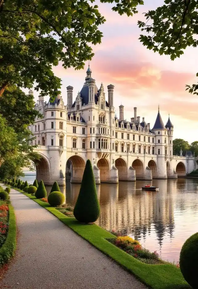 Majestic Château de Chenonceau spanning the Cher River, French Renaissance architecture gleaming in golden sunset light. Elegant white limestone façade with intricate carvings and tall chimneys reflected in calm waters below. Arched bridge supports adorned with graceful galleries, creating a seamless blend of structure and nature. Lush formal gardens flank both riverbanks, vibrant with colorful flowerbeds and meticulously trimmed hedges. Ancient oak and cypress trees frame the château, their leaves rustling in a gentle breeze. Soft, wispy clouds paint the sky in hues of pink and lavender. A small wooden boat drifts near the château's base, emphasizing its grand scale. Ornate windows and balconies cast long shadows across the water's surface. In the foreground, a gravel path lined with perfectly manicured topiaries leads the eye to the magnificent edifice. Capture the scene with a wide-angle lens, emphasizing the château's harmonious integration with its idyllic surroundings, conveying a sense of timeless beauty and French aristocratic splendor.