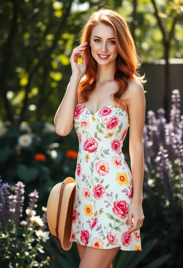 A tall, slender woman with a graceful figure stands in soft sunlight. Her auburn hair cascades in loose, bouncy curls to her shoulders, framing an oval face with high cheekbones and a delicate nose. Her almond-shaped green eyes sparkle with warmth, complemented by a gentle smile on her rosy lips. Her fair skin has a light dusting of freckles across the bridge of her nose. She wears a knee-length sundress with a sweetheart neckline and thin straps. The dress features a vibrant floral pattern of pink roses, yellow daisies, and purple lavender on a white background. The bodice is fitted, accentuating her slim waist, while the skirt flares out slightly. She's barefoot, with slender ankles and delicate feet.Her posture is relaxed yet elegant, with one hand lightly touching her hair and the other holding a straw sun hat. She stands in a lush garden, surrounded by blooming flowers that echo the pattern on her dress. Soft, dappled sunlight filters through nearby trees, casting a warm glow on her skin and dress.