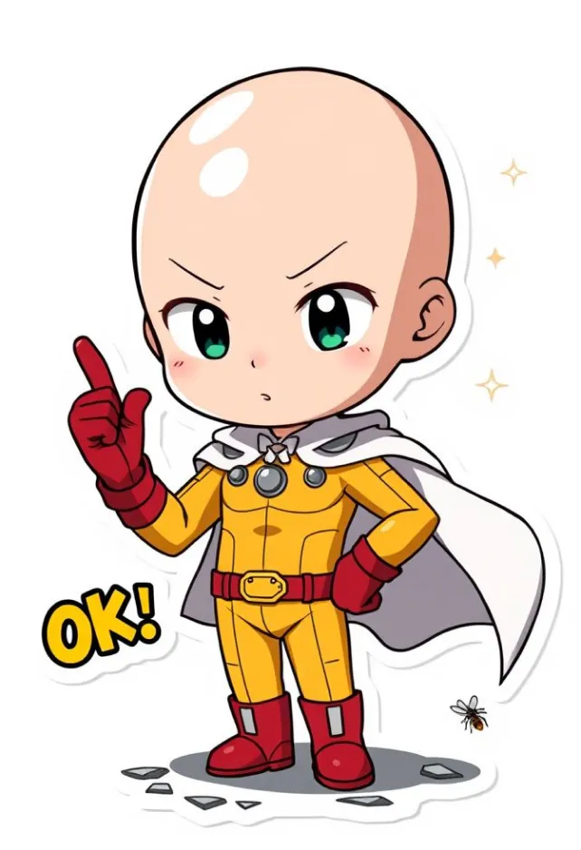 Anime sticker style, Saitama from One Punch Man, chibi proportions with oversized head and small body. Shiny bald head reflecting light, large expressive eyes, simple facial features. Wearing iconic yellow jumpsuit with red gloves and boots, white cape billowing behind. Neutral expression with slight hint of boredom. Standing in heroic pose with one fist raised. Vibrant color palette with bold outlines and flat shading. Minimalist background with speed lines and impact stars. Cute and compact design with rounded edges and soft shadows. Signature "OK" hand gesture visible. Small cracks in ground beneath feet to show strength. Floating text bubble with "OK" written inside. Tiny oppai (mosquito) buzzing nearby for humorous touch. Slight glossy effect on sticker surface. White border around entire image to emphasize sticker appearance. Kawaii style with exaggerated features and simplified details.