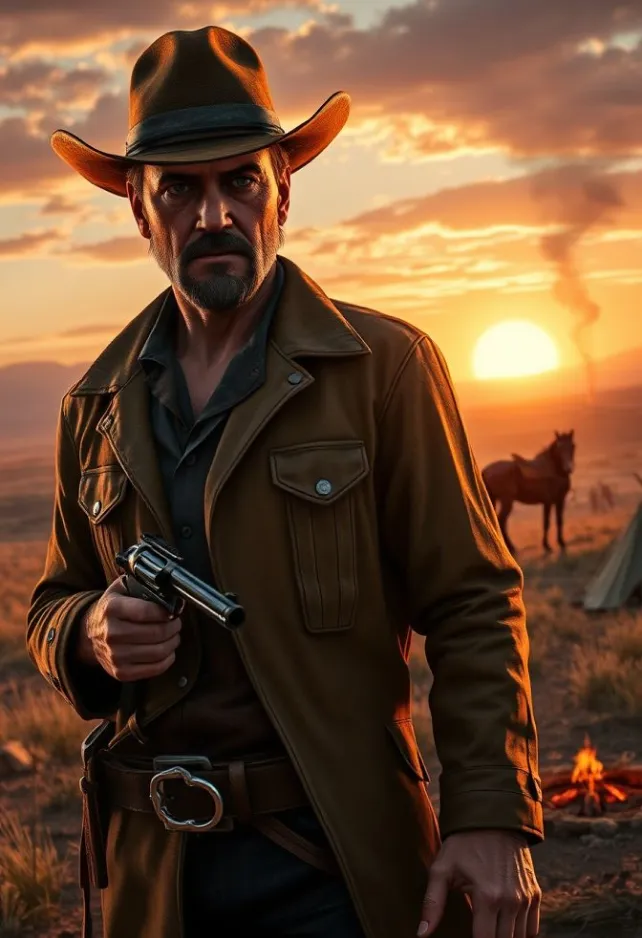 A cinematic scene from the action-adventure western game Red Dead Redemption 2, featuring the rugged outlaw Arthur Morgan in the foreground. He stands tall, wearing a weathered cowboy hat, leather duster coat, and gun belt. His face is stubbled, with piercing blue eyes and a determined expression. Arthur holds his signature Cattleman Revolver, ready for action. The background showcases a breathtaking Wild West landscape at golden hour, with rolling plains, distant mountains, and a setting sun casting long shadows. A camp with tents and a campfire can be seen nearby, smoke rising lazily. In the middle distance, Arthur's loyal horse is grazing. The scene is rich in detail, with realistic textures on clothing and environment. The color palette is warm and earthy, dominated by browns, oranges, and deep reds. The atmosphere is tense yet beautiful, capturing the game's blend of danger and freedom in the American frontier. Photorealistic style with a touch of painterly quality, emphasizing the game's stunning visuals and immersive world.