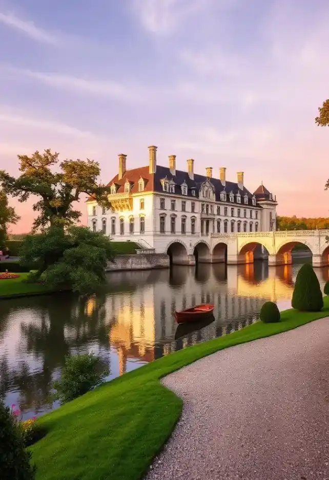 Majestic Château de Chenonceau spanning the Cher River, French Renaissance architecture gleaming in golden sunset light. Elegant white limestone façade with intricate carvings and tall chimneys reflected in calm waters below. Arched bridge supports adorned with graceful galleries, creating a seamless blend of structure and nature. Lush formal gardens flank both riverbanks, vibrant with colorful flowerbeds and meticulously trimmed hedges. Ancient oak and cypress trees frame the château, their leaves rustling in a gentle breeze. Soft, wispy clouds paint the sky in hues of pink and lavender. A small wooden boat drifts near the château's base, emphasizing its grand scale. Ornate windows and balconies cast long shadows across the water's surface. In the foreground, a gravel path lined with perfectly manicured topiaries leads the eye to the magnificent edifice. Capture the scene with a wide-angle lens, emphasizing the château's harmonious integration with its idyllic surroundings, conveying a sense of timeless beauty and French aristocratic splendor.