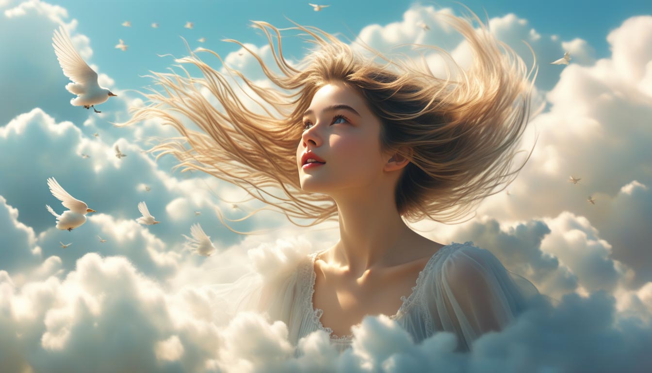 Nuages changeants, sourire d'une fille, oiseaux volant.